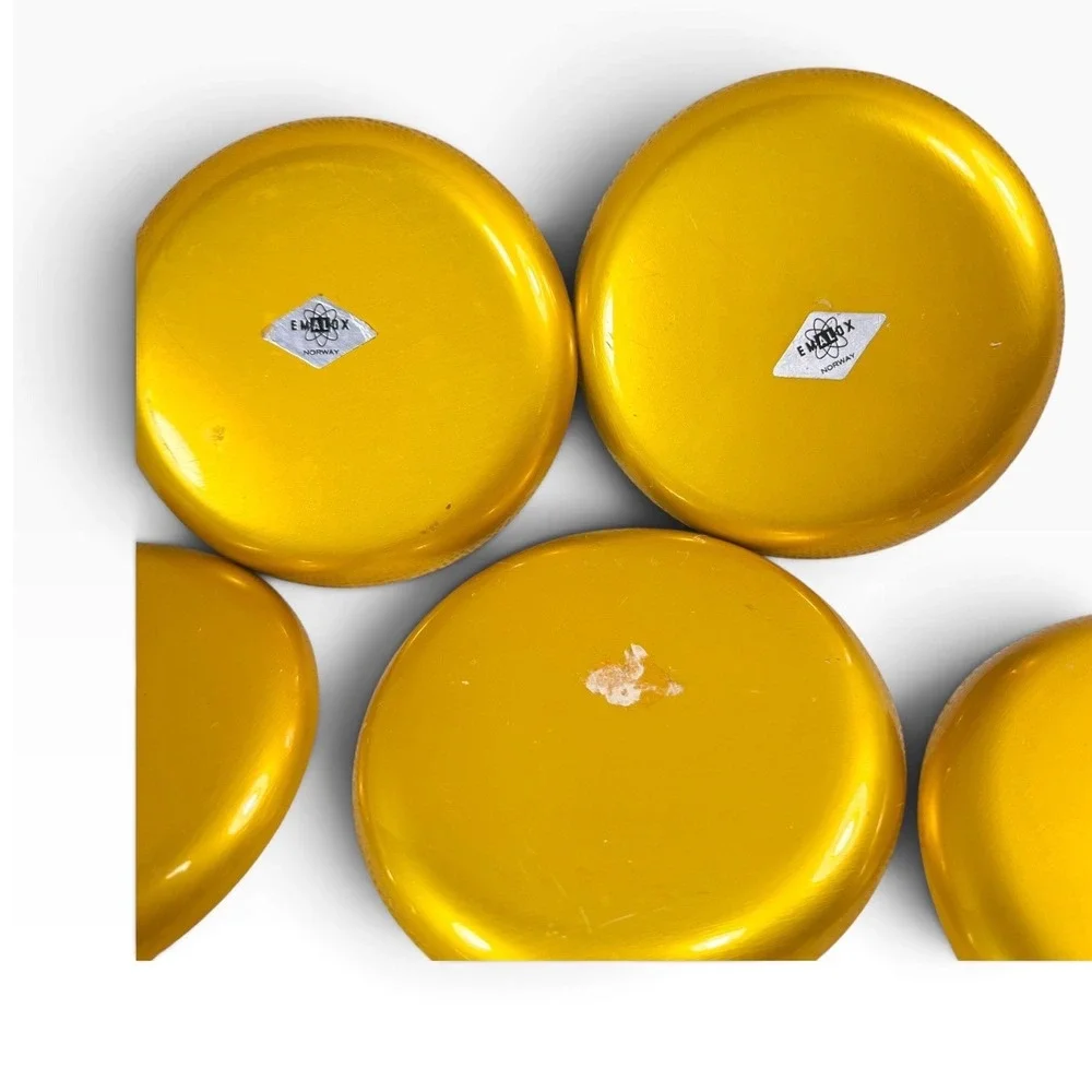 Vintage Emalox Norway Yellow Gold Anodized Aluminum Coasters Set of 7 MCM 4in